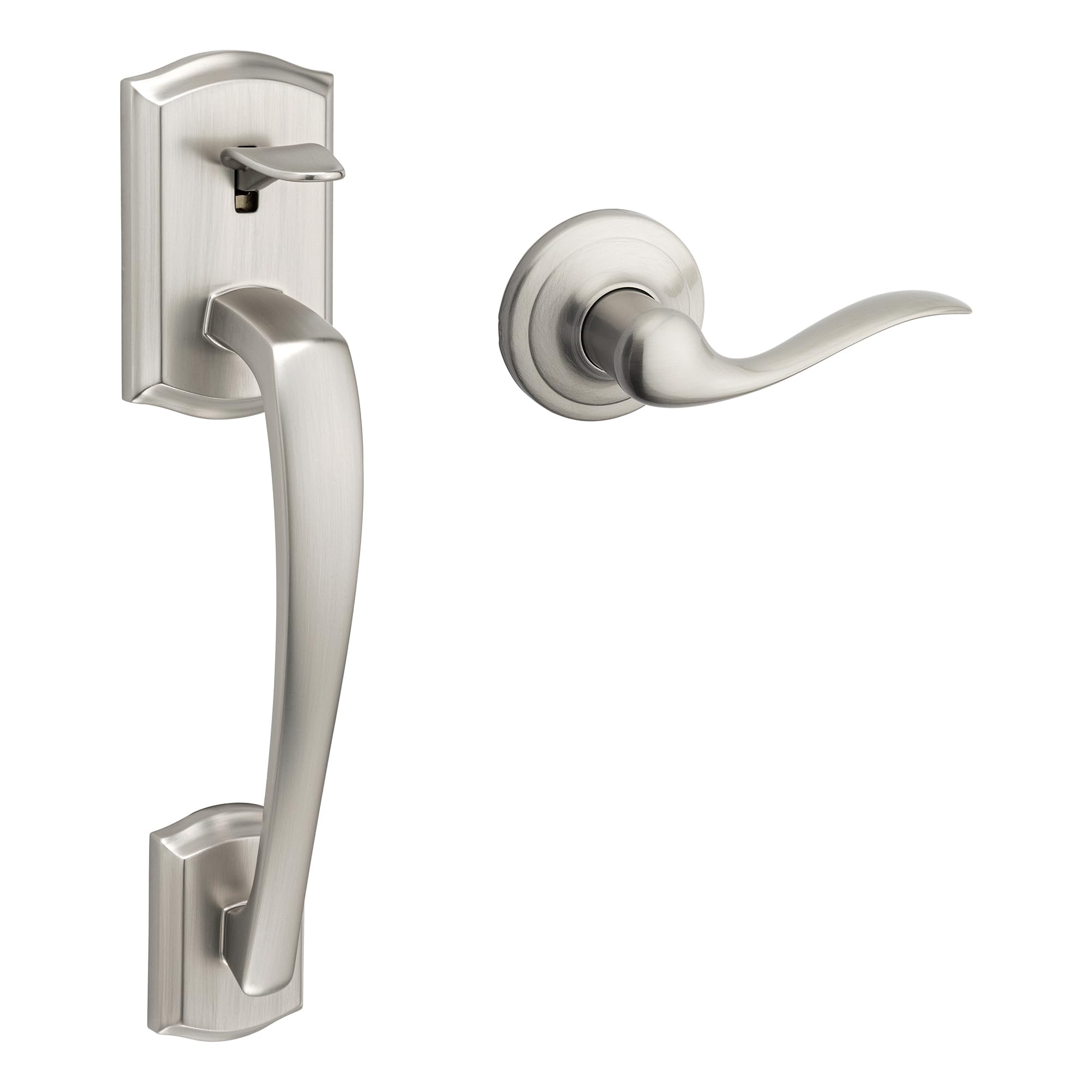 Kwikset Prescott front door handle with no lock in satin nickel finish for entry.