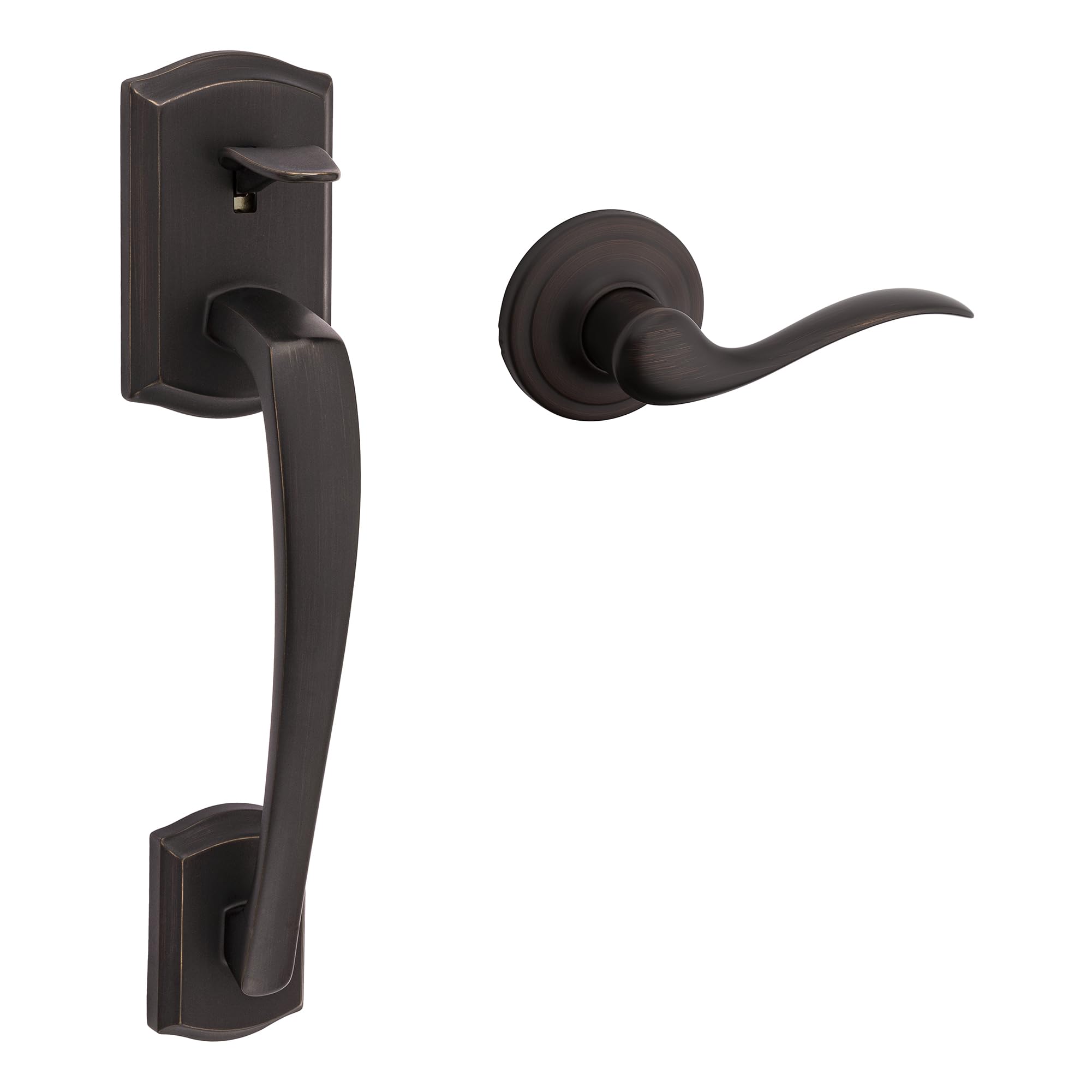 Kwikset Prescott front door handleset with lever in Venetian Bronze for curb appeal and secure entry.