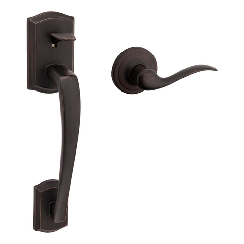 Kwikset Prescott front door handleset with lever in Venetian Bronze for curb appeal and secure entry.