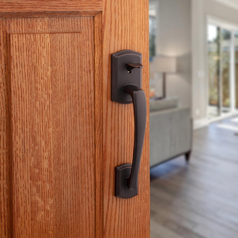 Kwikset Prescott interior lever with reversible handed design for easy left- or right-handed door installation.