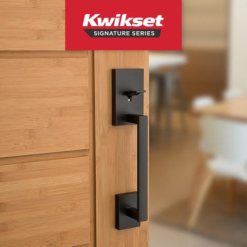 Kwikset San Clemente exterior handleset with matte black finish enhances curb appeal