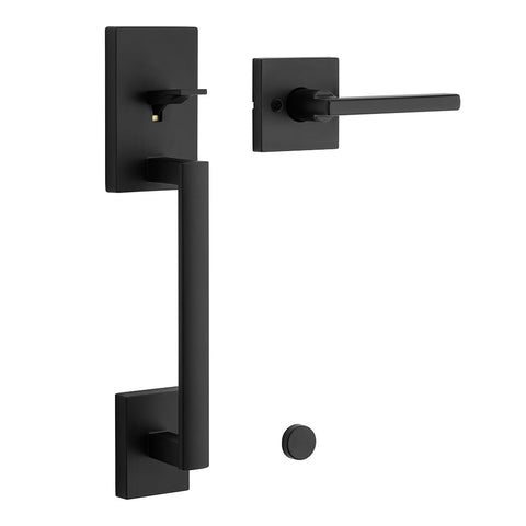 Kwikset San Clemente front door handle set in matte black for exterior entry