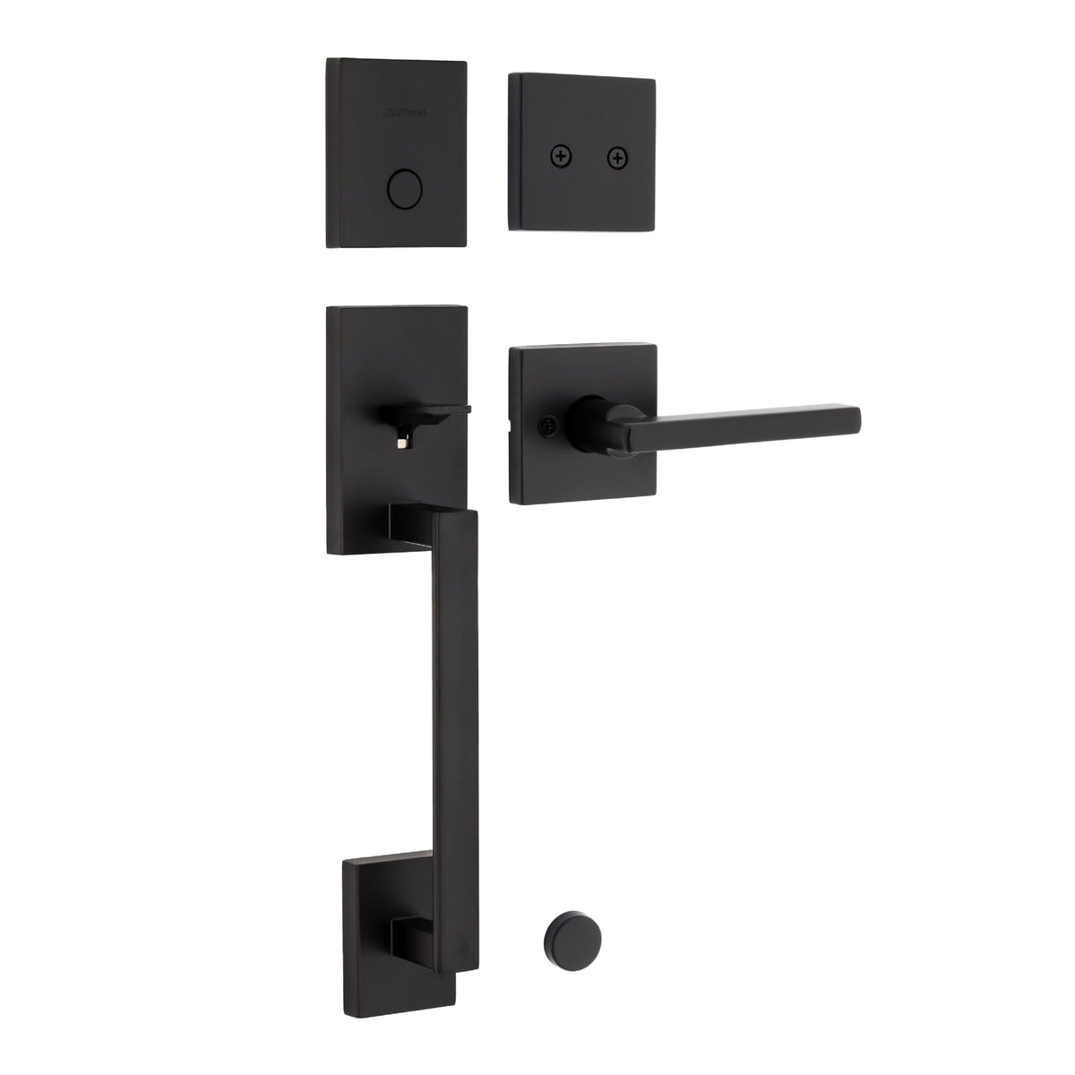 Kwikset San Clemente front door handleset with Matte Black finish enhances curb appeal.