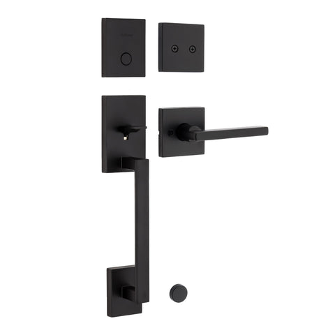 Kwikset San Clemente front door handleset with Matte Black finish enhances curb appeal.