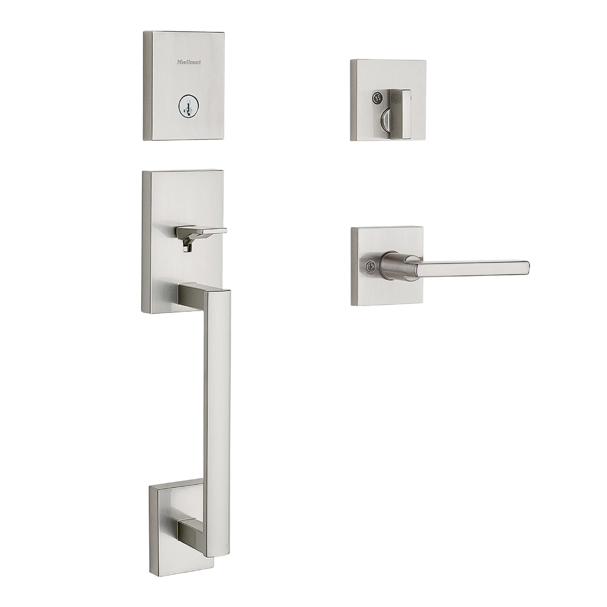 Kwikset San Clemente front door lock handle set for secure exterior entry.