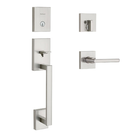 Kwikset San Clemente front door lock handle set for secure exterior entry.