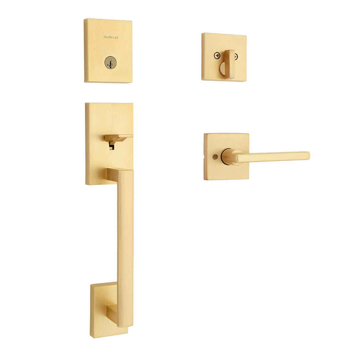 Kwikset San Clemente front door lock handle with satin brass finish for secure entry.