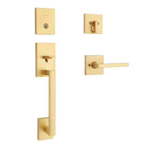 Kwikset San Clemente front door lock handle with satin brass finish for secure entry.