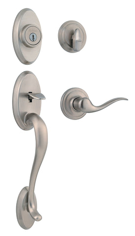 Kwikset Shelburne front door exterior with deadbolt and handle set for secure entry