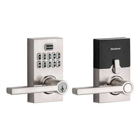 Kwikset SmartCode 917 keypad entry on satin nickel lever for keyless access