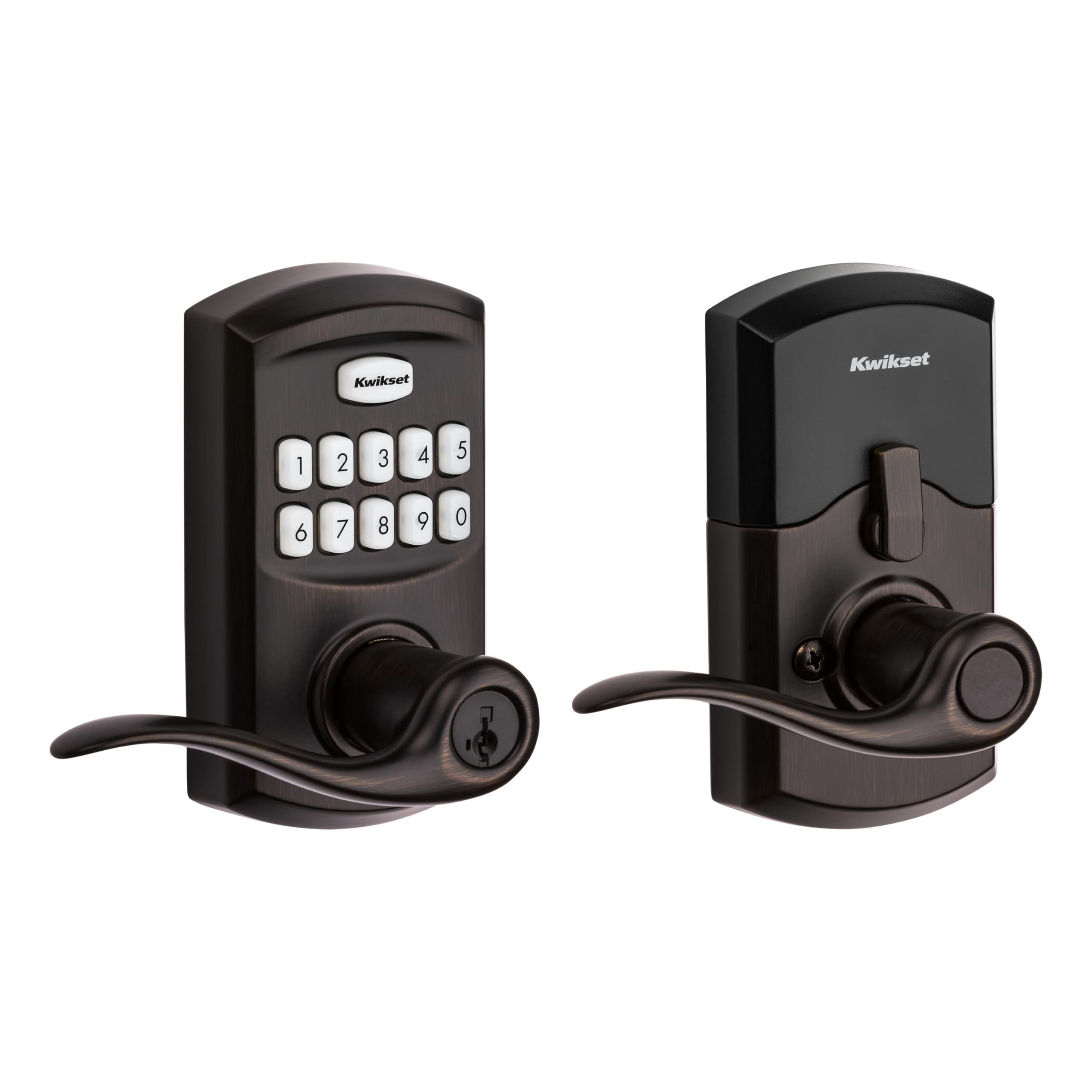 Kwikset SmartCode 917 front view in Venetian Bronze highlighting keyless entry.