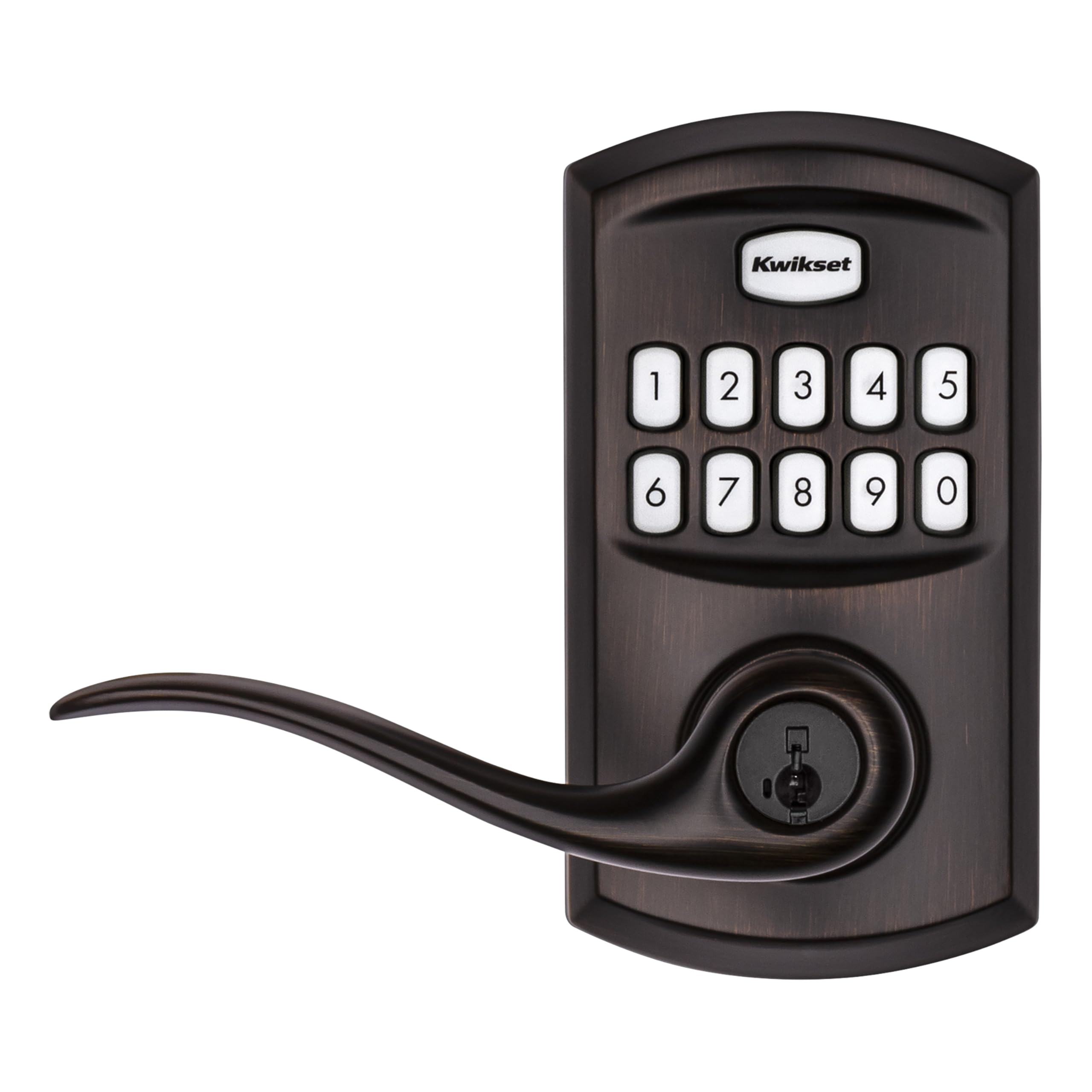Kwikset SmartCode 917 keypad illuminated at night for easy code entry.