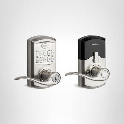 Kwikset SmartCode 917 satin nickel finish complements doors and decor.