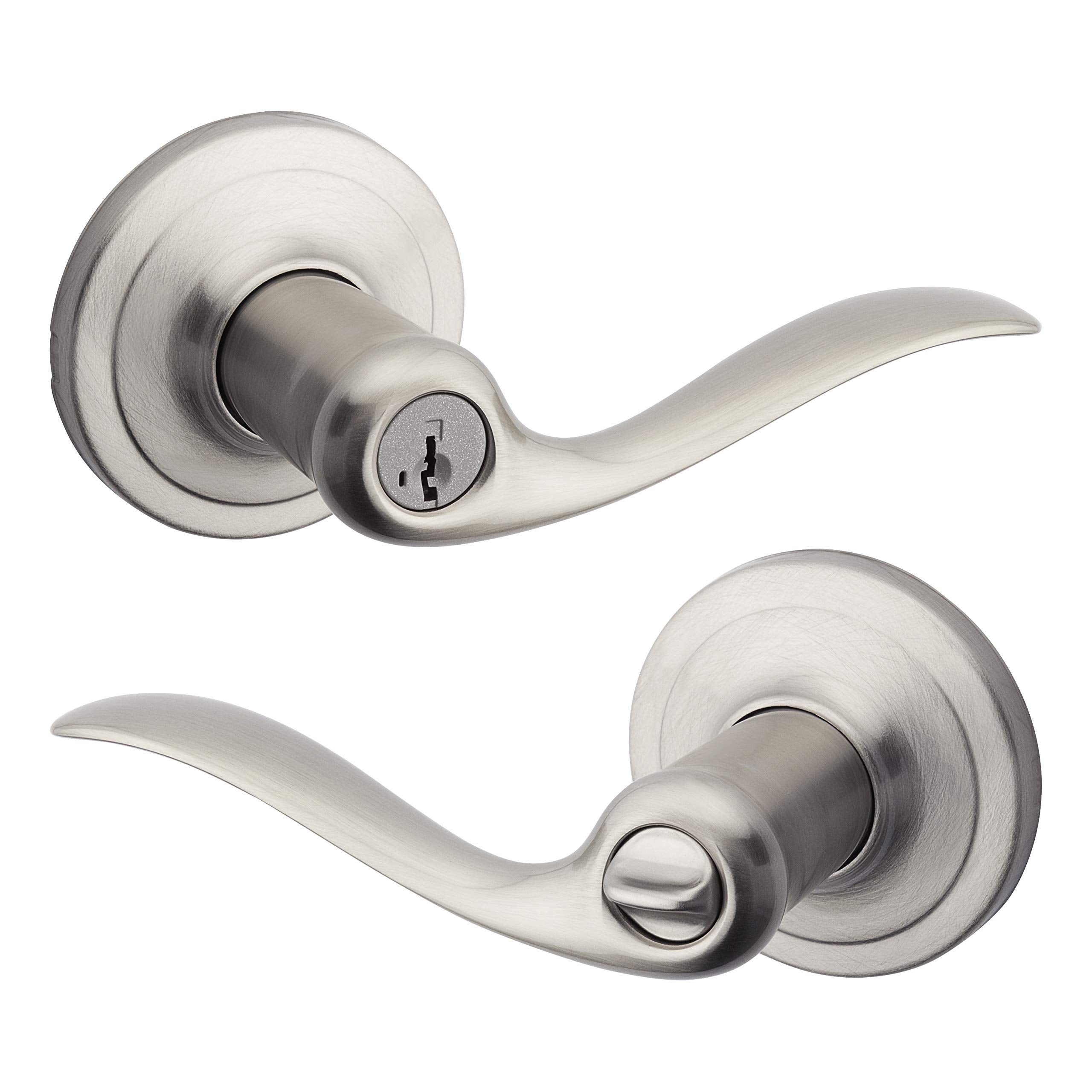 Kwikset Tustin exterior keyed entry lever in satin nickel for the front door.