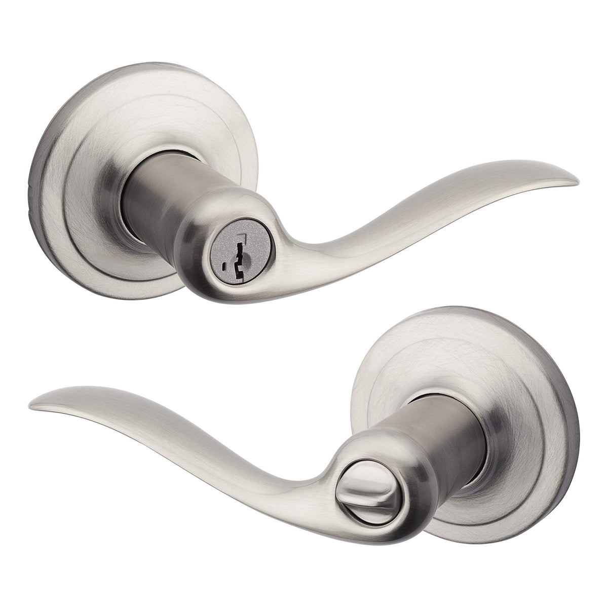 Kwikset Tustin exterior keyed entry lever in satin nickel for the front door.