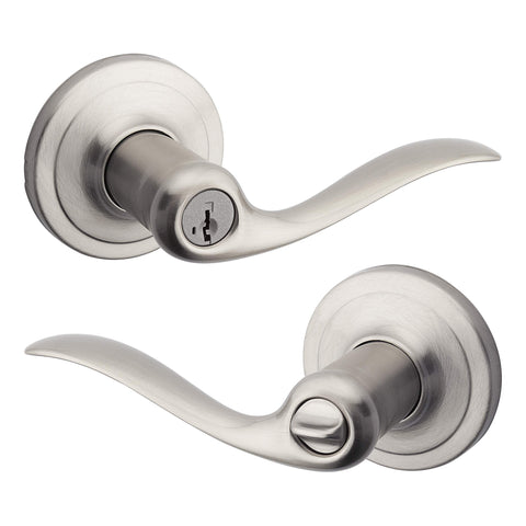 Kwikset Tustin exterior keyed entry lever in satin nickel for the front door.