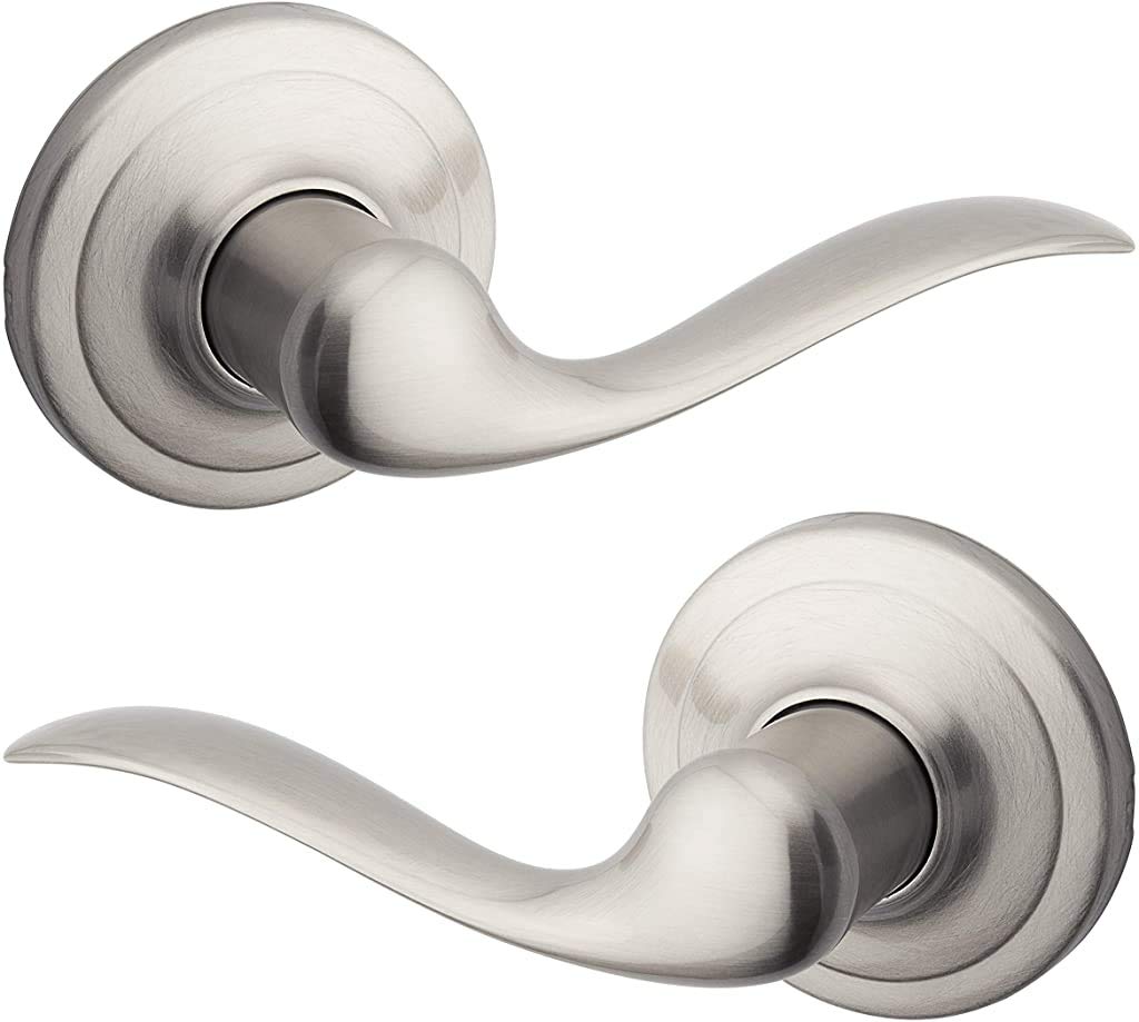 Kwikset Tustin interior passage lever on satin nickel finish for easy closet access.