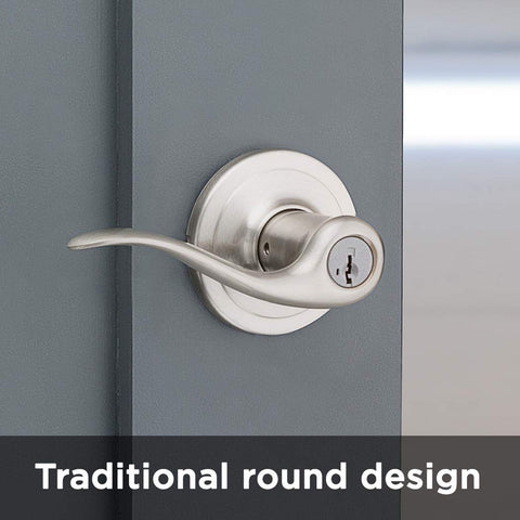 Reversible Tustin lever usable on left- or right-handed doors in satin nickel.