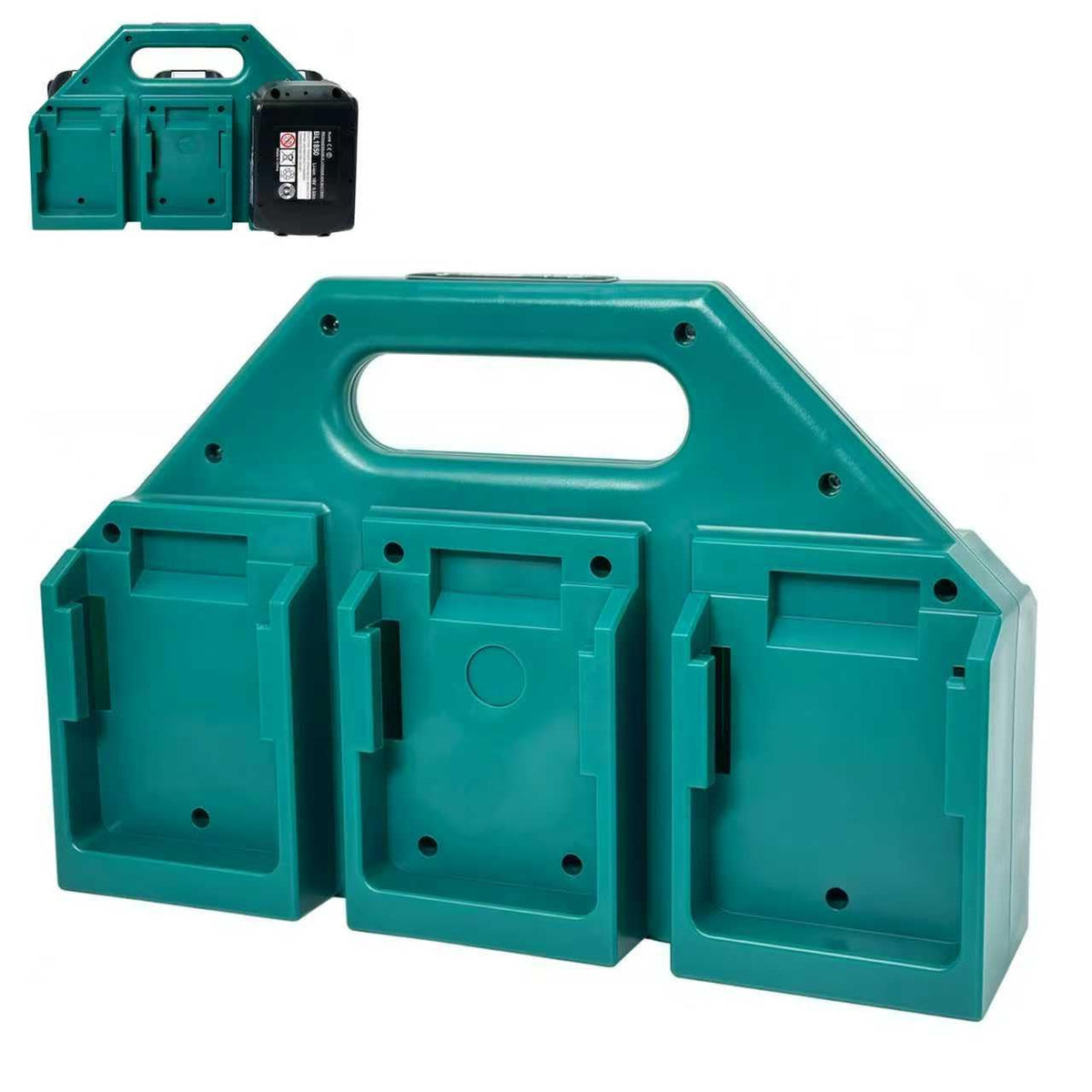 Kxufoae 6-slot battery holder front view with integrated handle for easy transport.