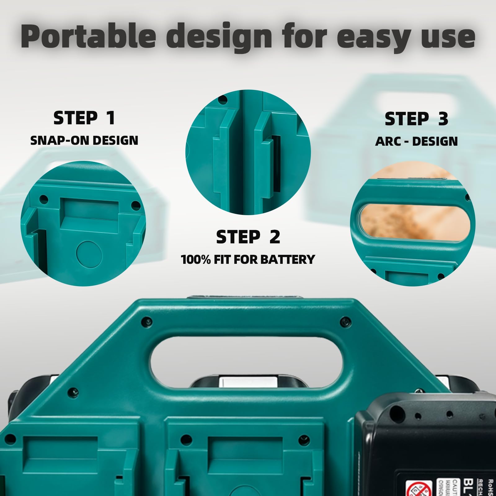 Kxufoae battery holder mounted on a tool bag on site.