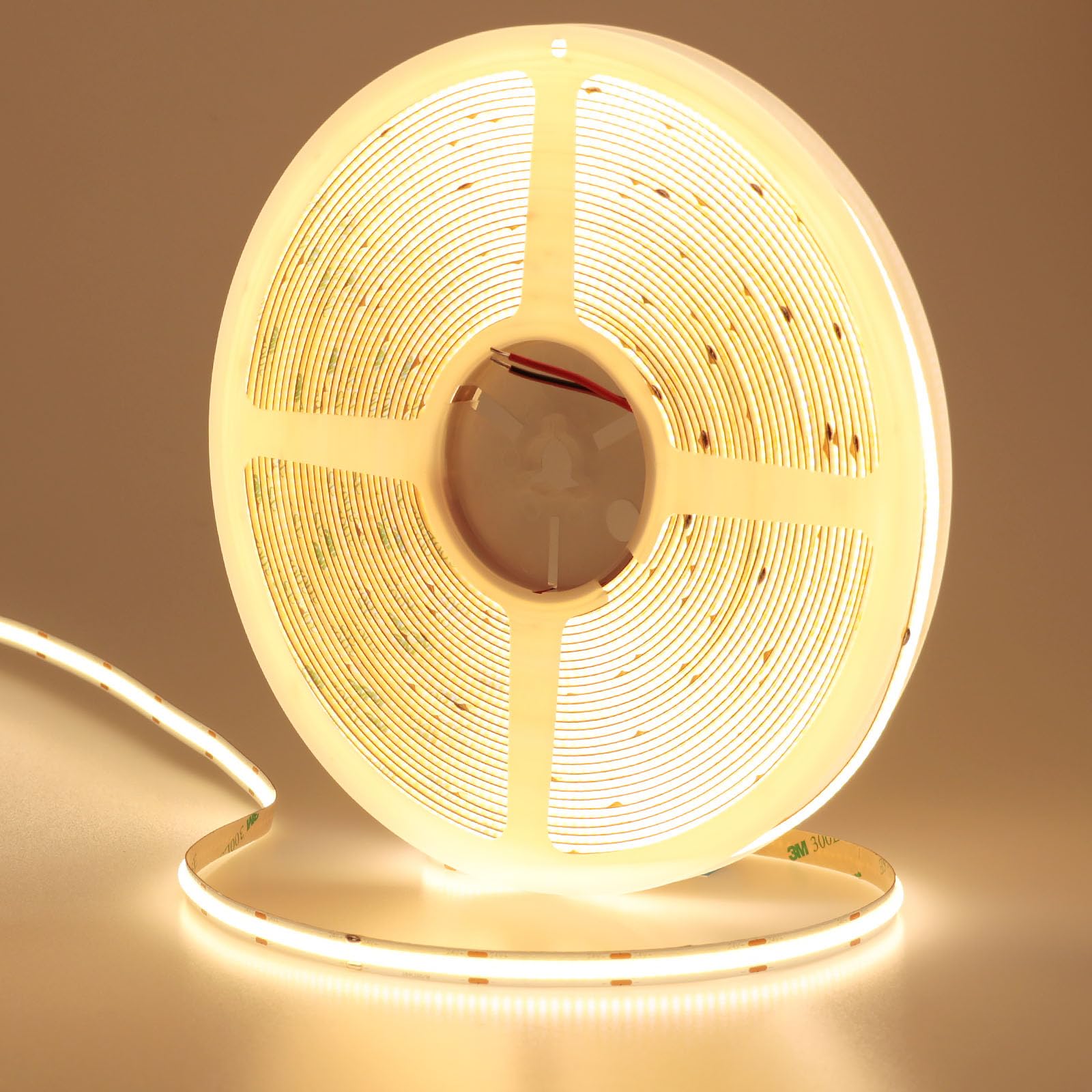 KXZM COB LED strip emits warm white 3000K for a cozy cabinet glow.