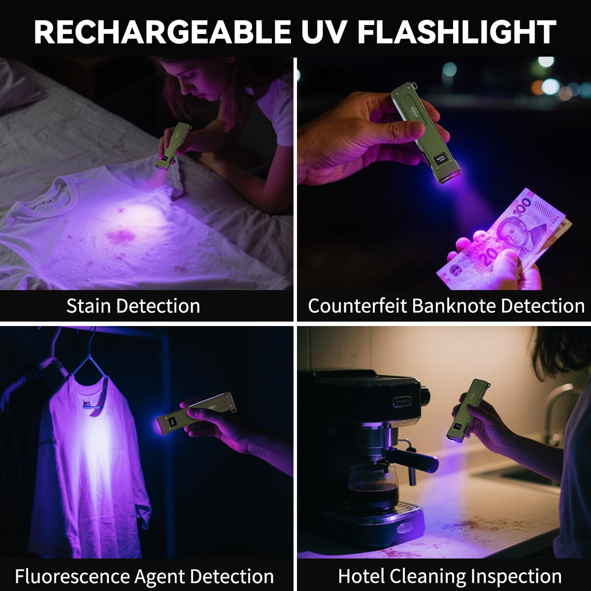 KYEKIO UV mode flashlight detects stains for hotel or home cleaning.