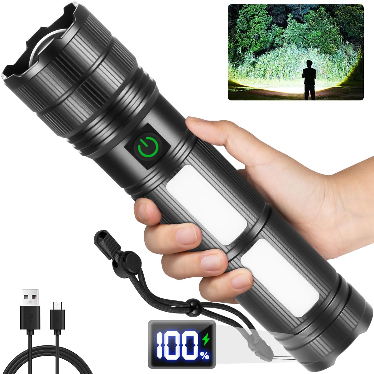 KYEKIO large flashlight front view showing rugged build for home and outdoors.