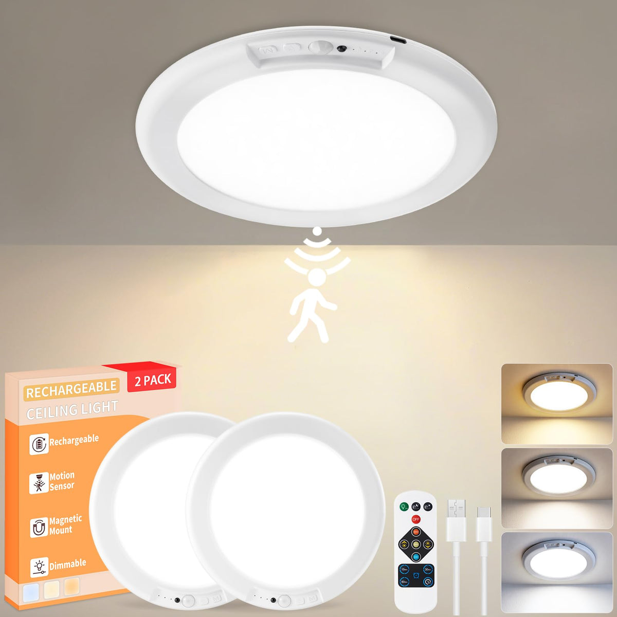 KYEKIO rechargeable ceiling light 2-pack for wireless closet installation.