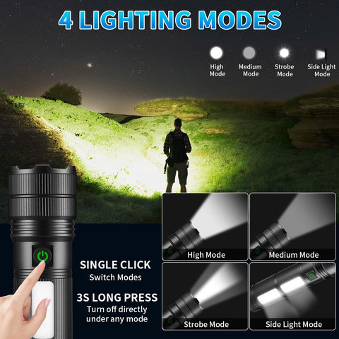 KYEKIO rechargeable flashlight side angle highlighting versatile focus for long-range tasks.