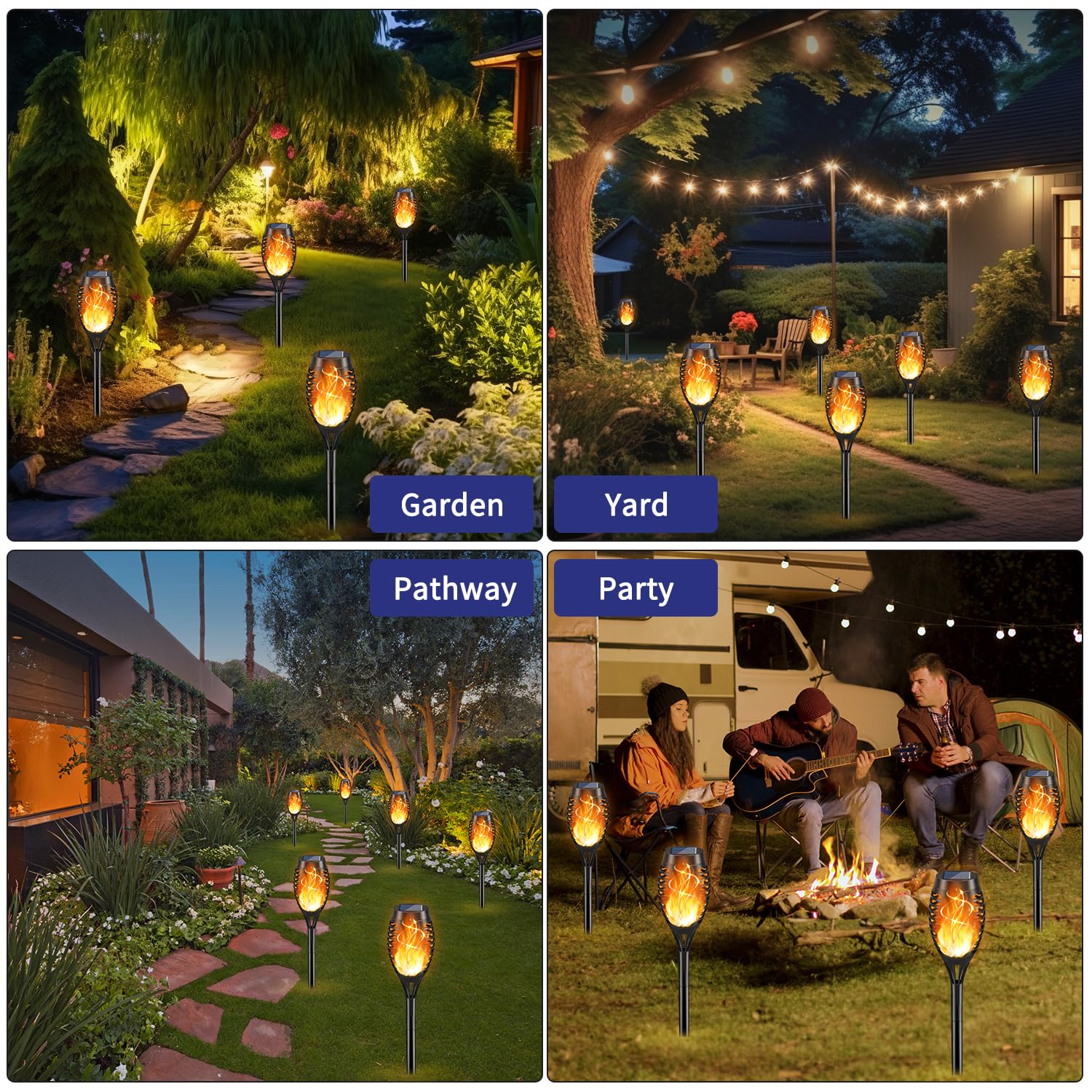 KYEKIO solar flame torch light illuminating outdoor pathway with warm glow