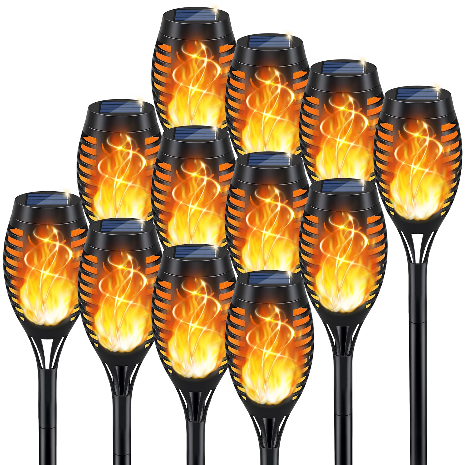 KYEKIO solar torch light with dancing flame creates outdoor ambiance.