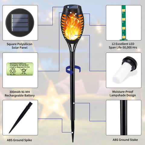 KYEKIO solar torch light set includes ground stakes for easy installation.