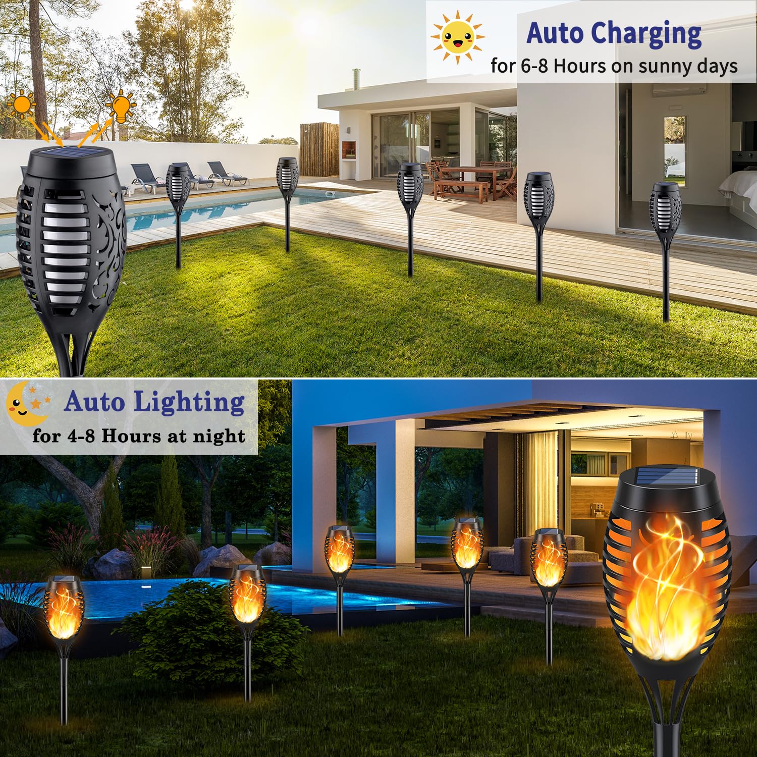 KYEKIO solar torch light resists rain and dust for all-weather outdoor use.