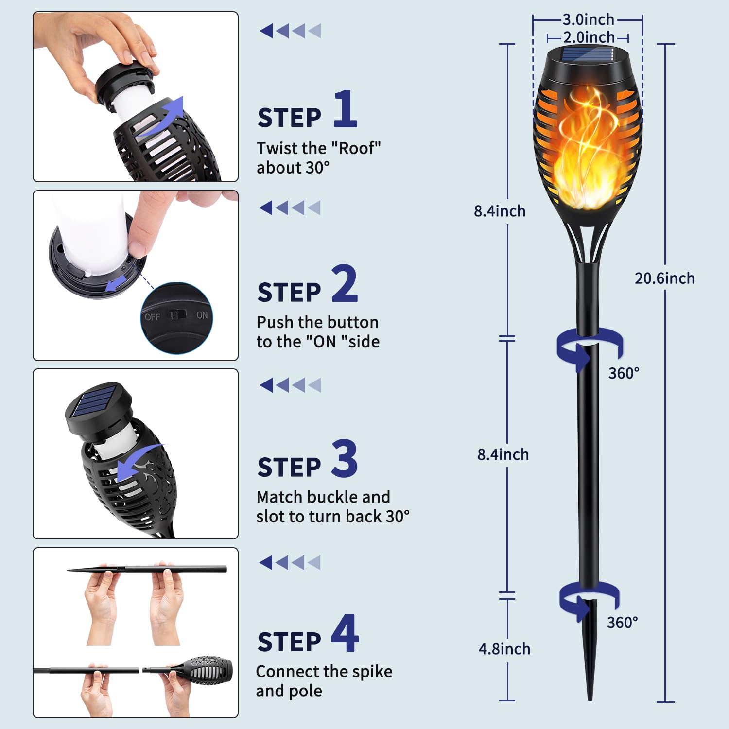 KYEKIO solar torch light packaging includes 12 units for quick setup.
