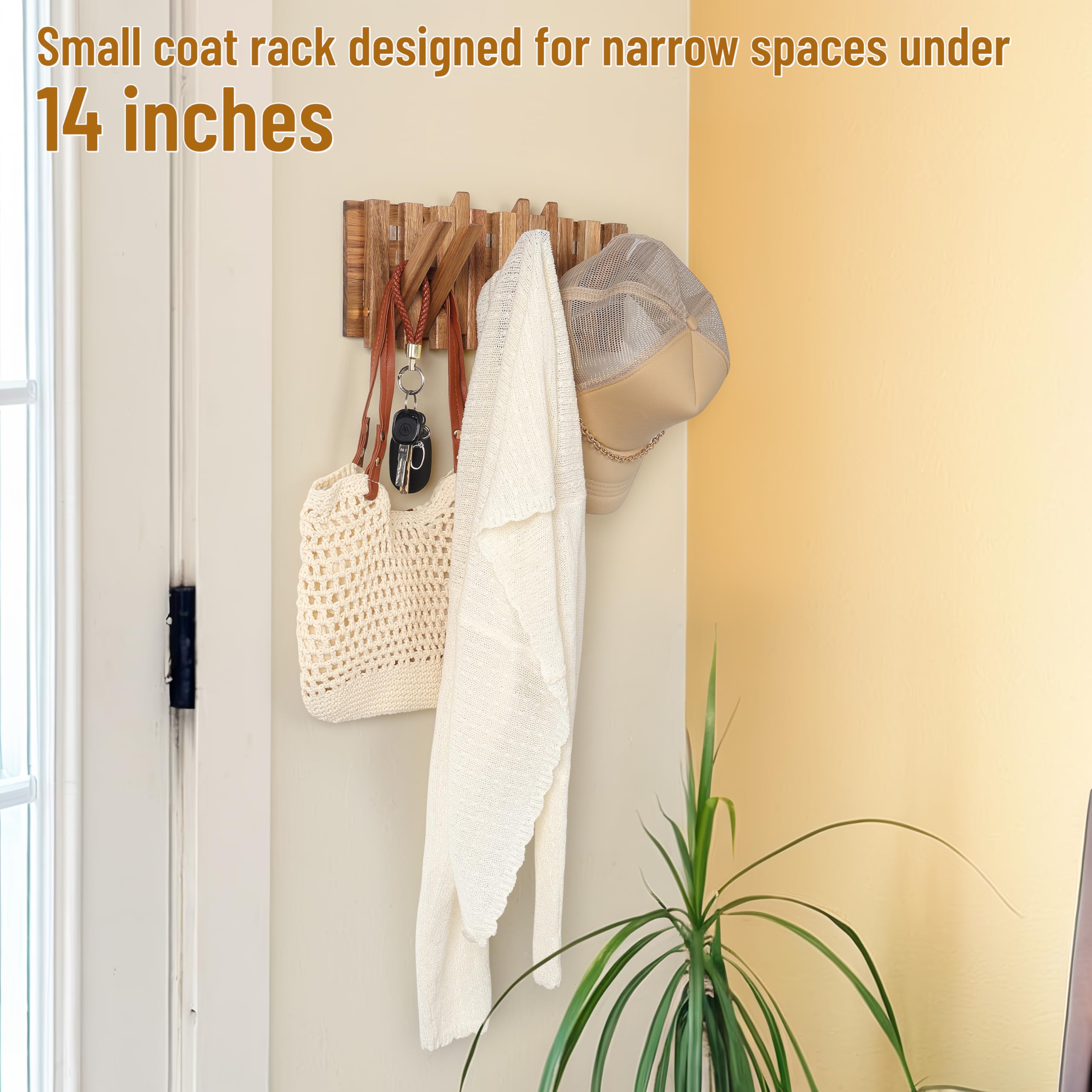 KYIAANY acacia wood coat rack with natural finish for rustic or boho decor.