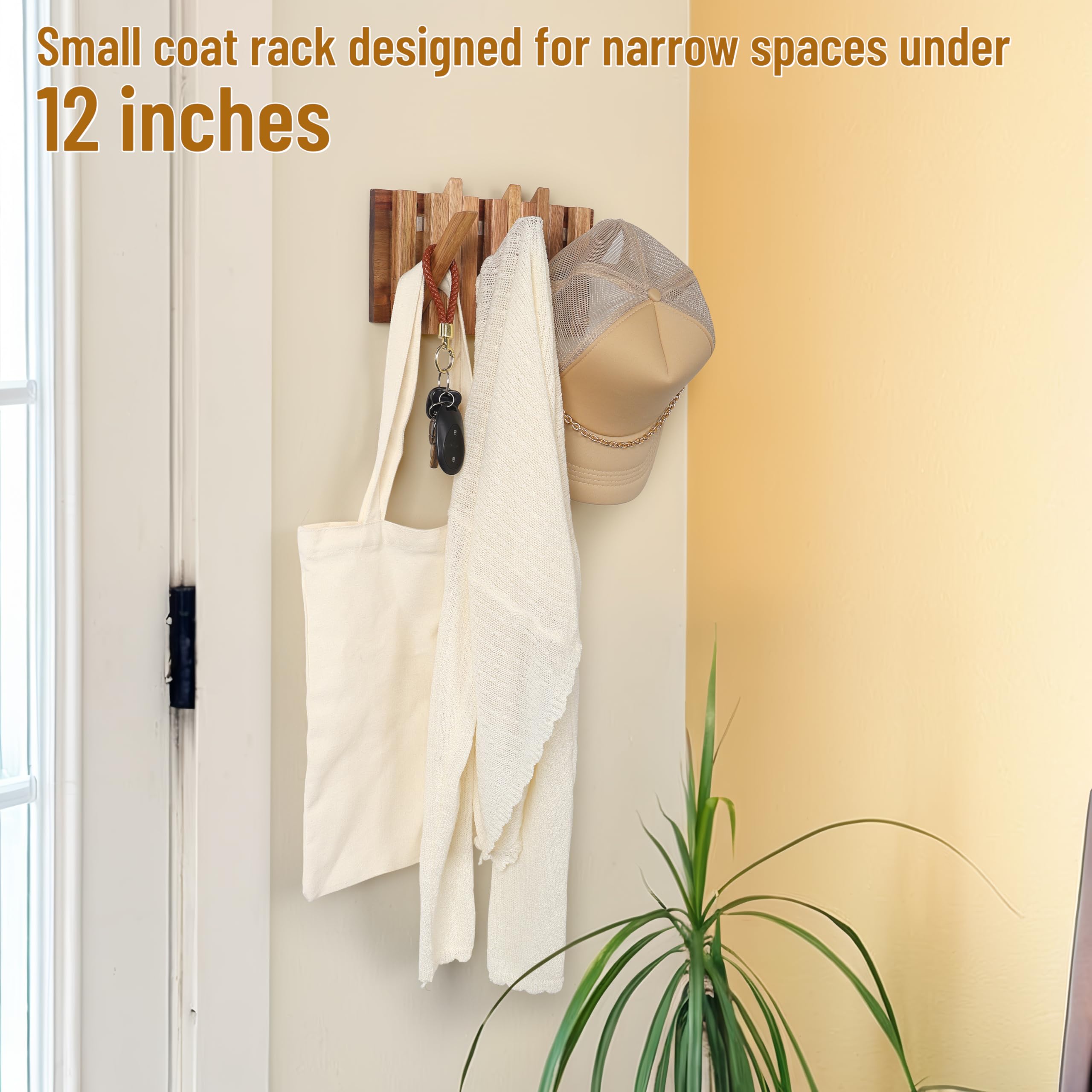 KYIAANY coat rack with flip-up hooks holds lightweight jackets neatly.