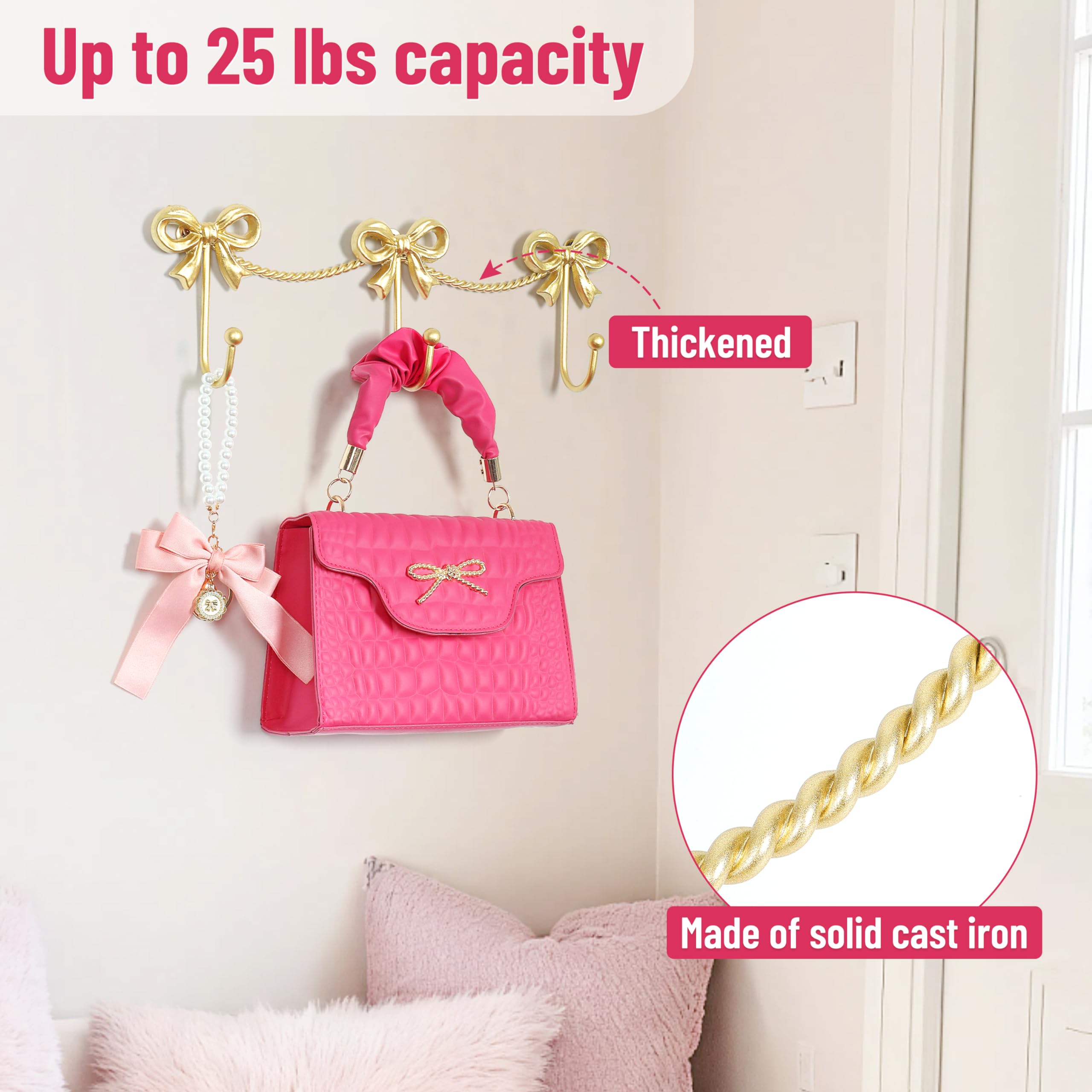 KYIAANY gold bow hooks in a girl's bedroom for tidy organization