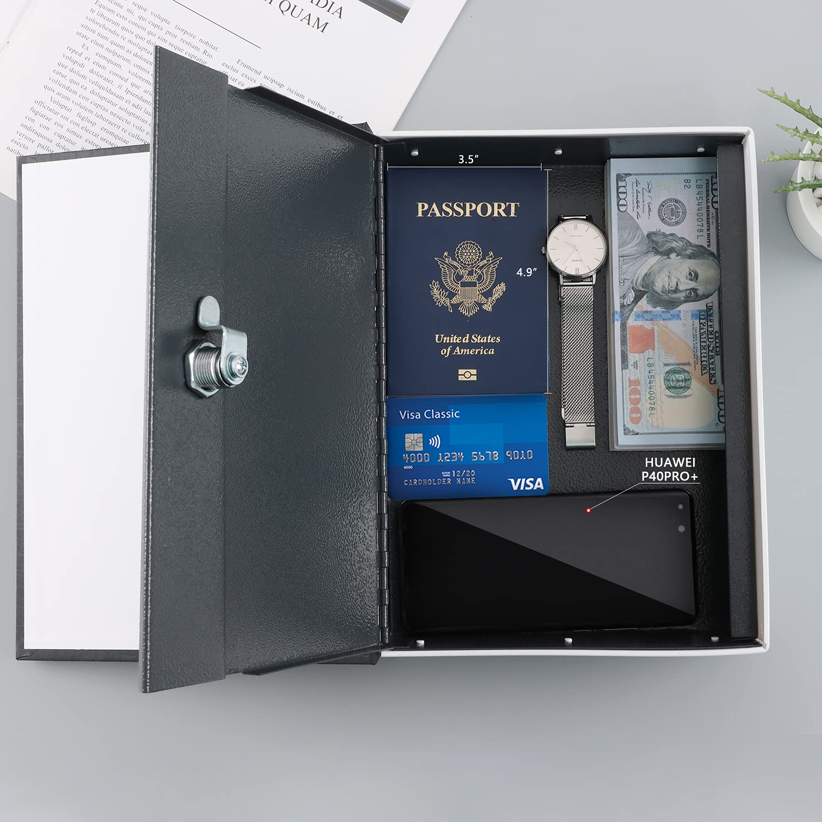 KYODOLED book safe dimensions are 10.5 by 7.8 inches, in black, portable.