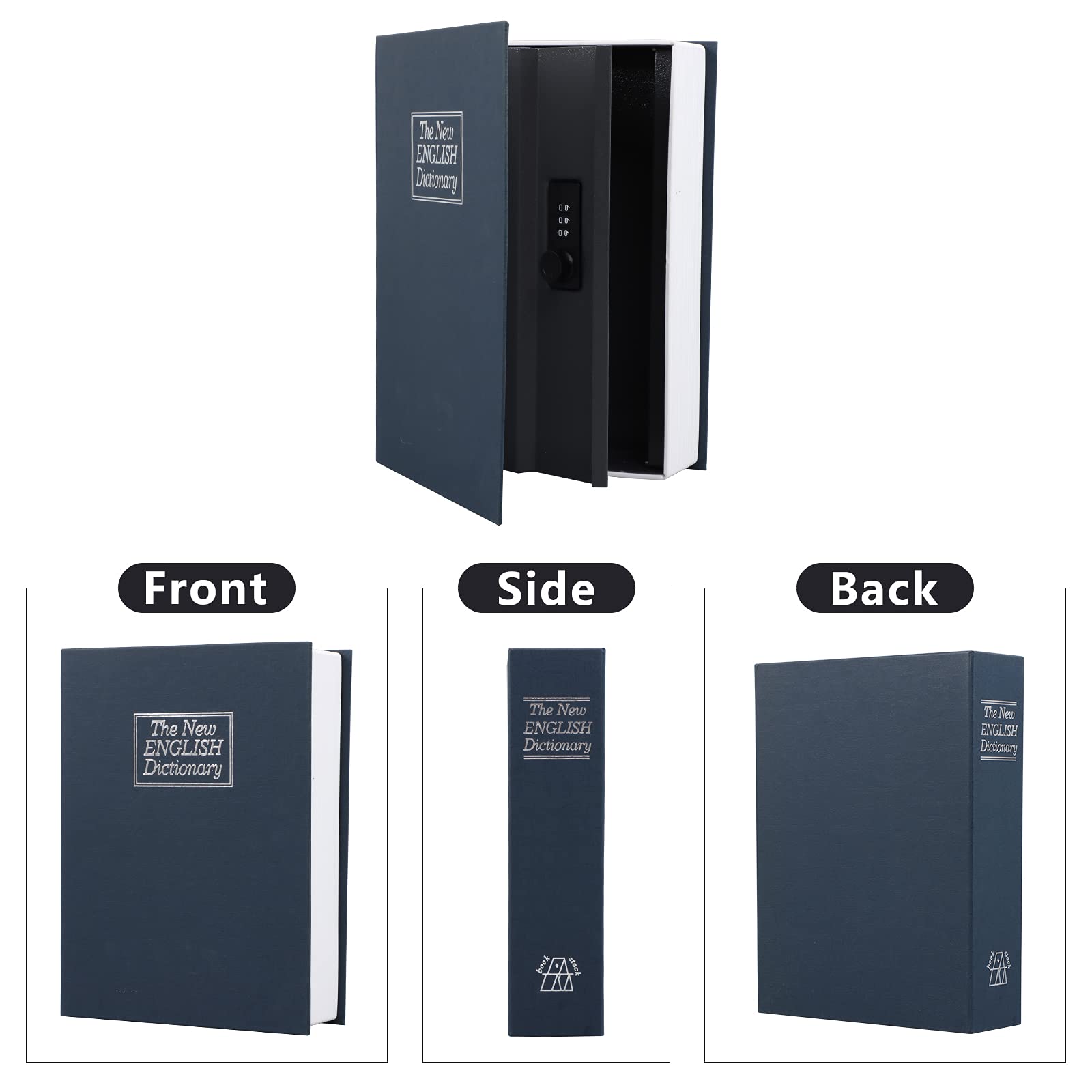 KYODOLED book safe navy blue cover blends with books while guarding cash.