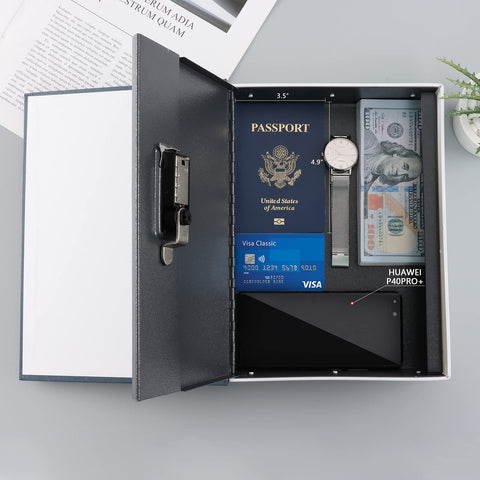 KYODOLED navy-blue book safe blends with décor while providing quick locks.
