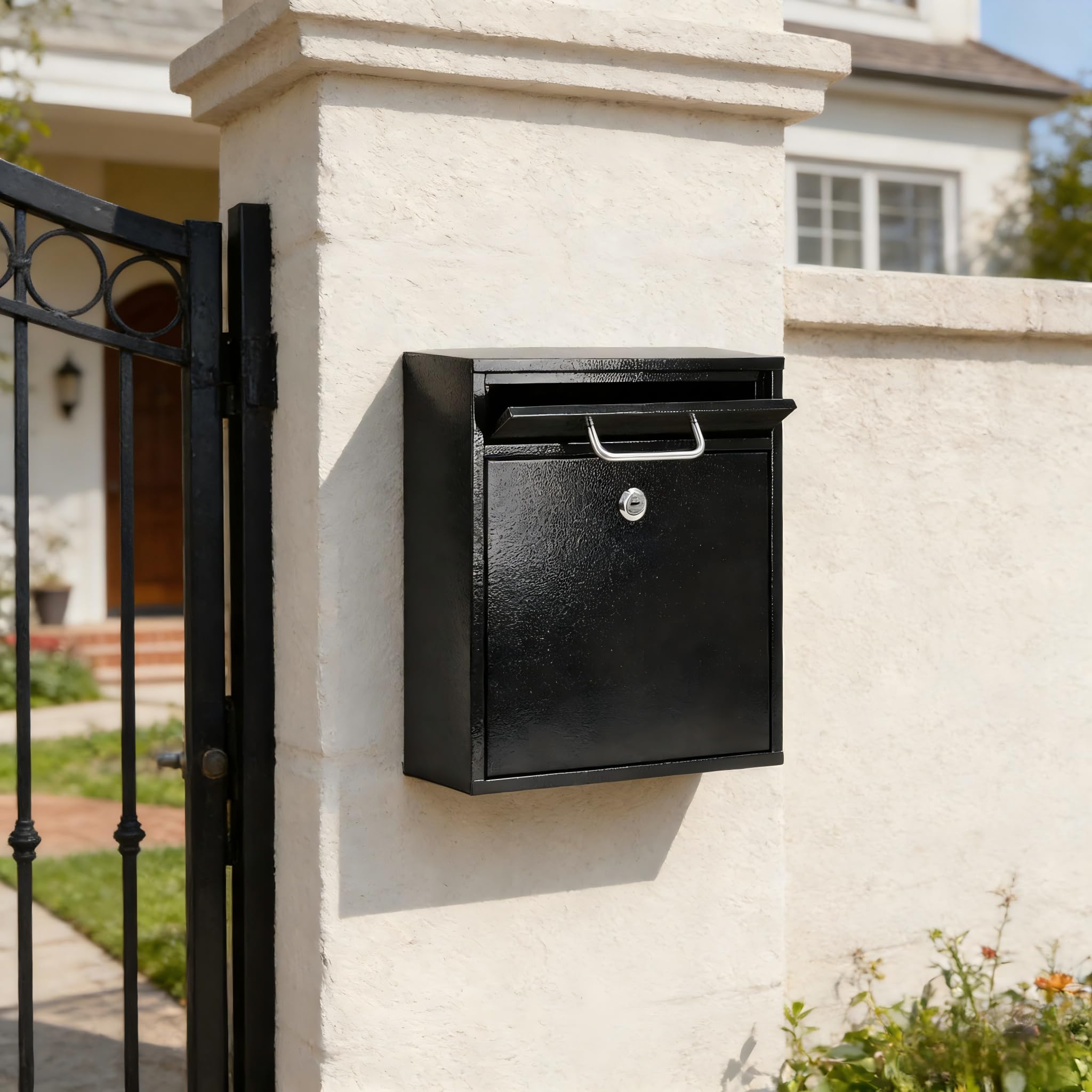 KYODOLED mailbox side view highlights sturdy steel build and weather resistance.