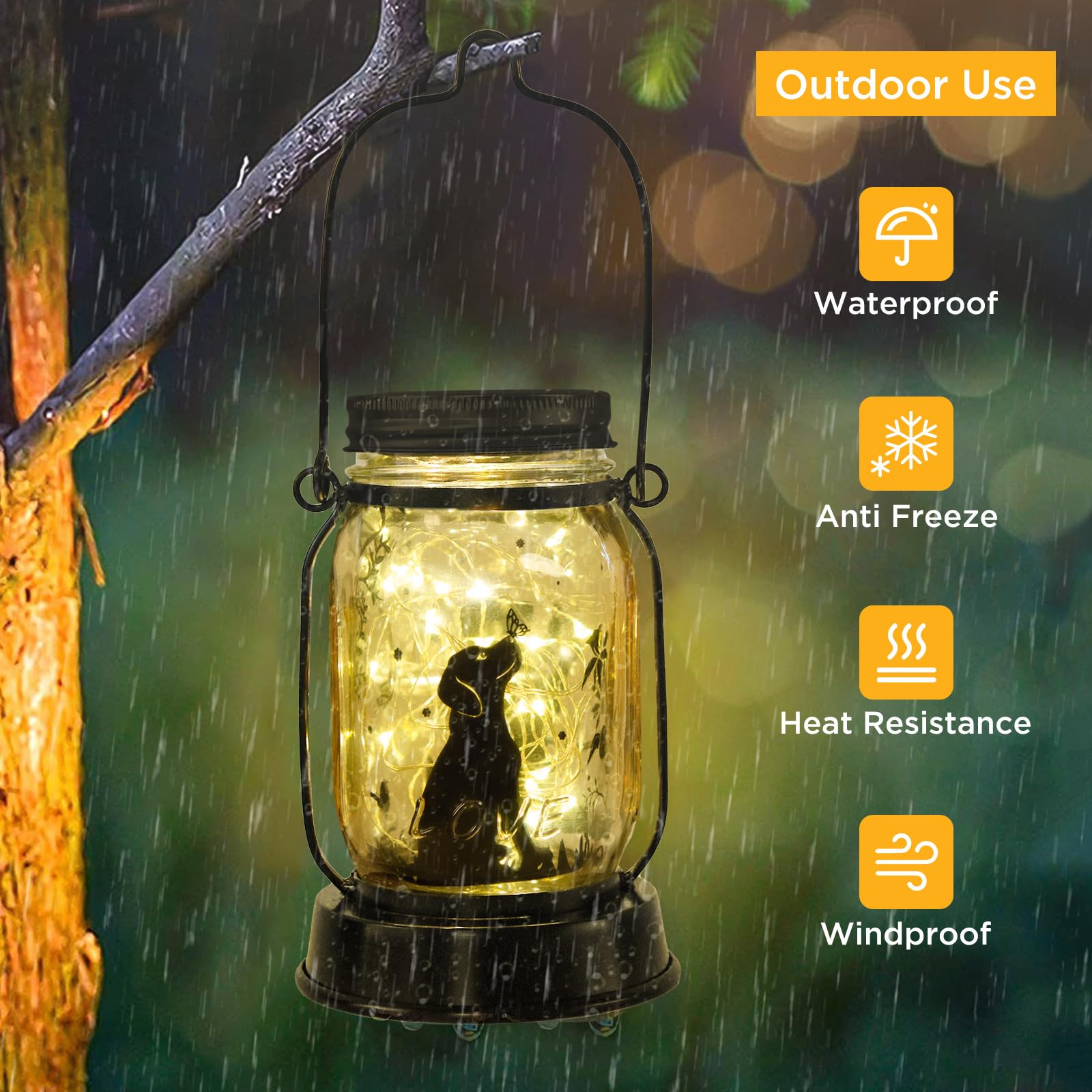 Kyoryuger solar dog lantern IP65 waterproof for rain-ready garden illumination.