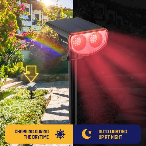 Kyosho color changing solar light on patio creates festive lemon yellow and purple tones.