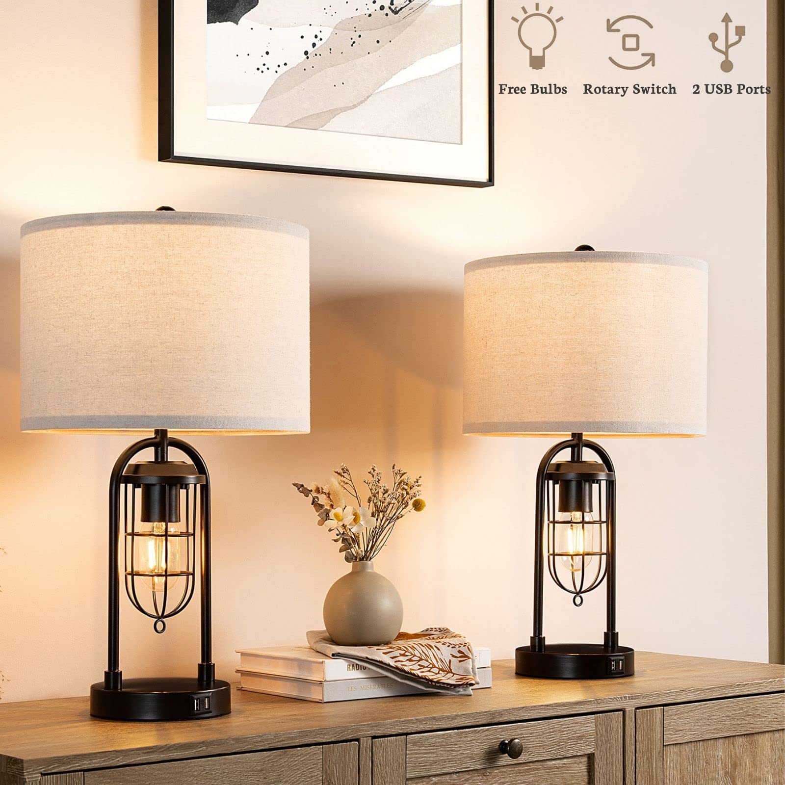Kyrid 21-inch table lamps set on espresso nightstand with night light effect