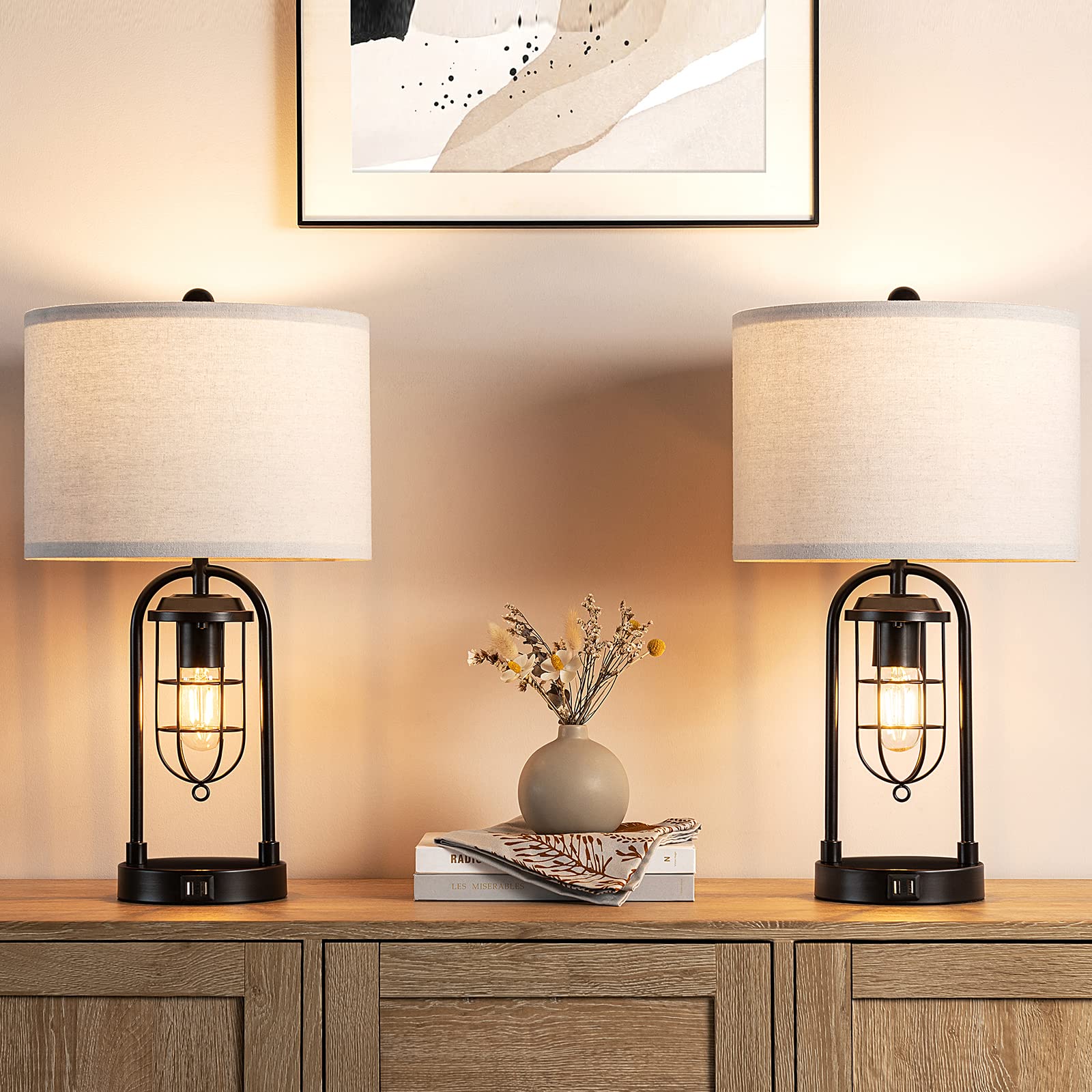 Kyrid table lamp front view highlighting dual USB ports for charging