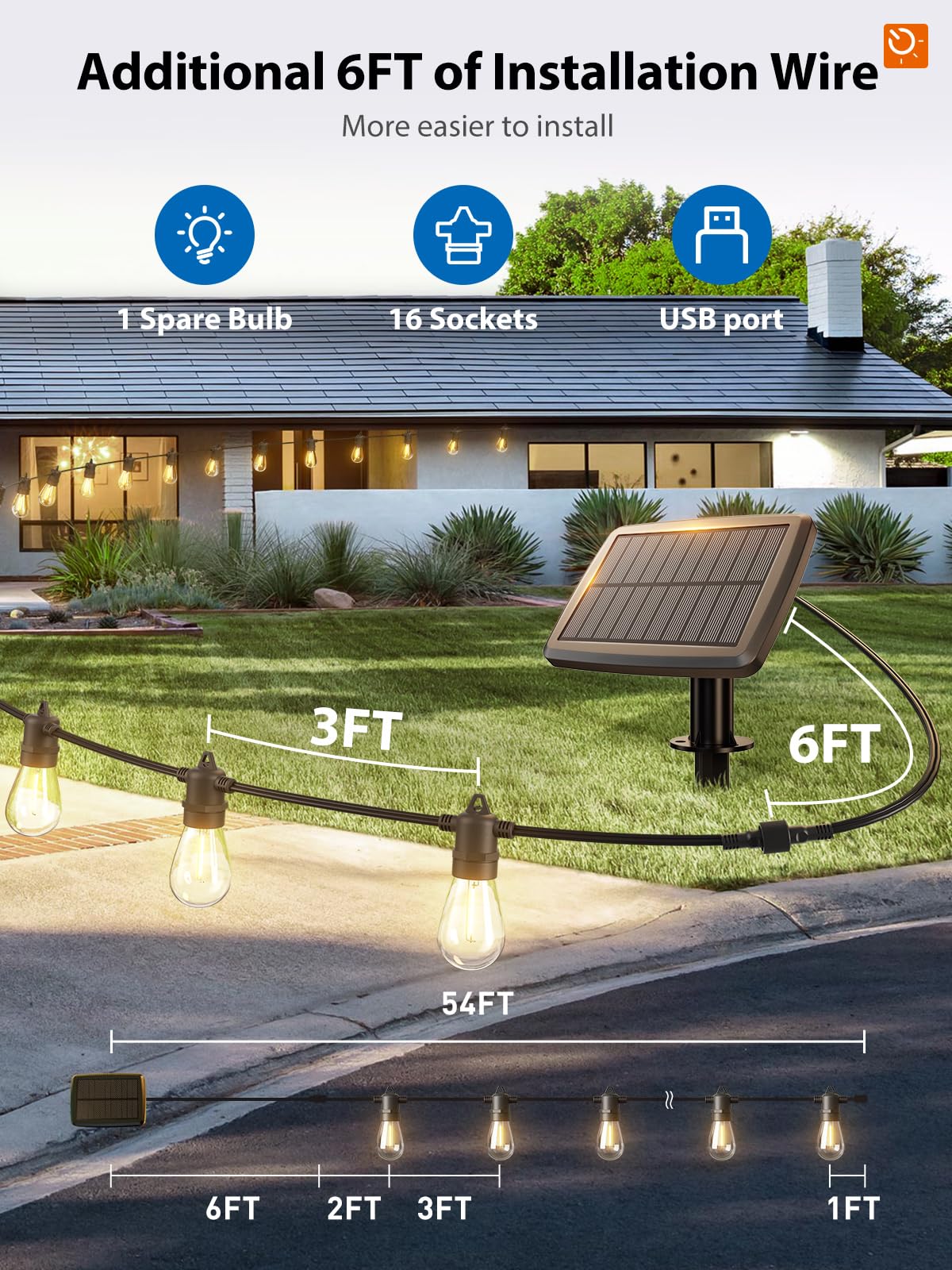 KYY 54ft solar string lights solar panel charging in daylight.