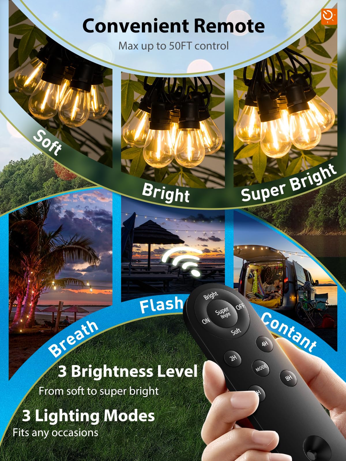 KYY 54ft solar string lights timing feature for automatic evenings.