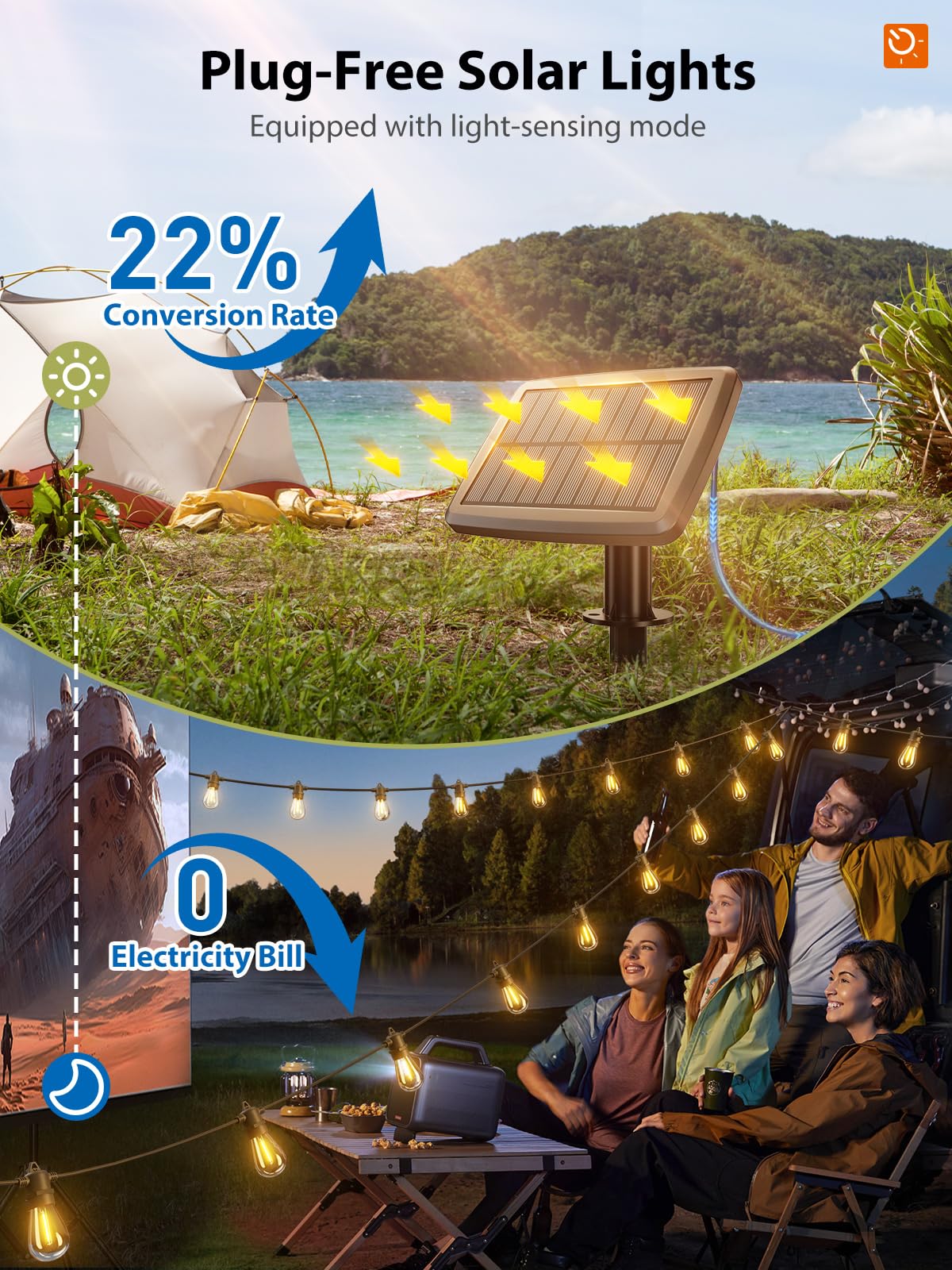 KYY 54ft solar string lights USB charging for quick top-ups.