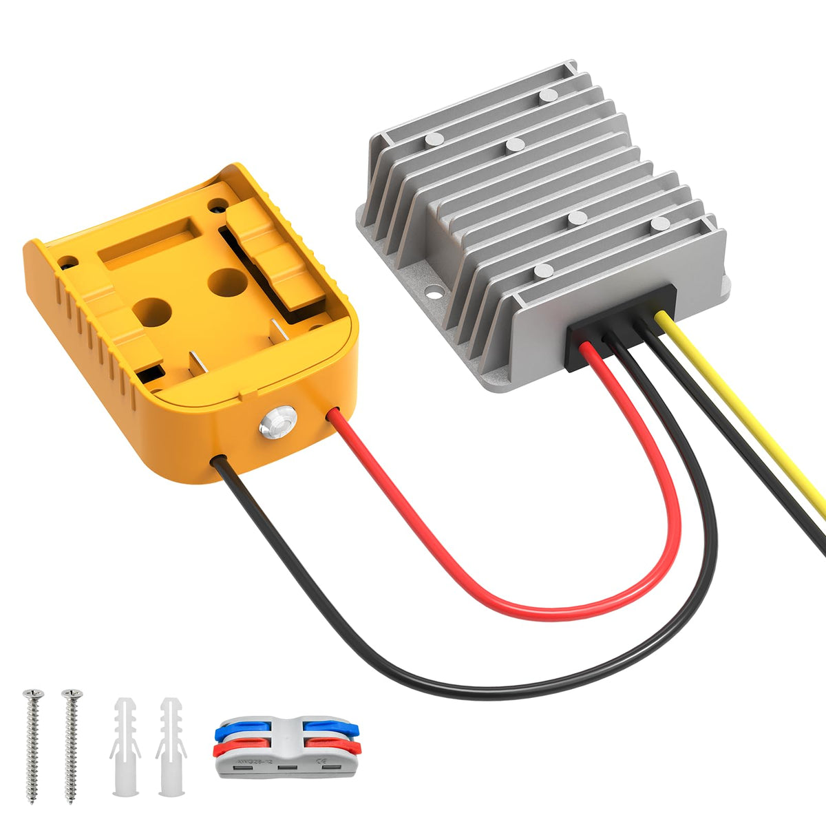 Kzreect DC20V-to-12V buck converter front view, compact aluminum housing for easy installation.