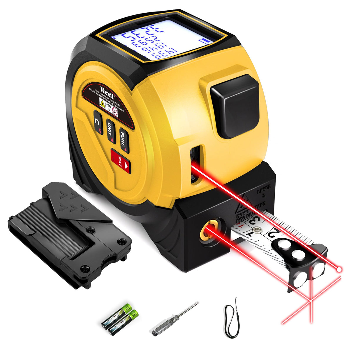 KZXIL laser-tape-measure-3-in-1 rangefinder for quick distance estimates.